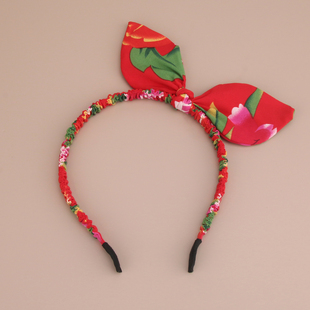 东北大花国潮兔耳朵发箍蝴蝶结头箍新年大红喜庆个性 搞笑发卡头饰