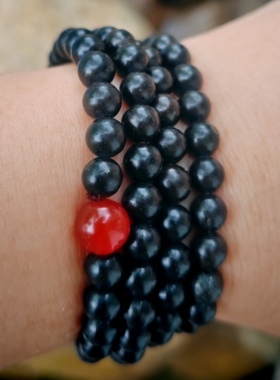 天然冰碛岩多圈手串珠子男女士 黑珠子红玛瑙点睛珠搭配