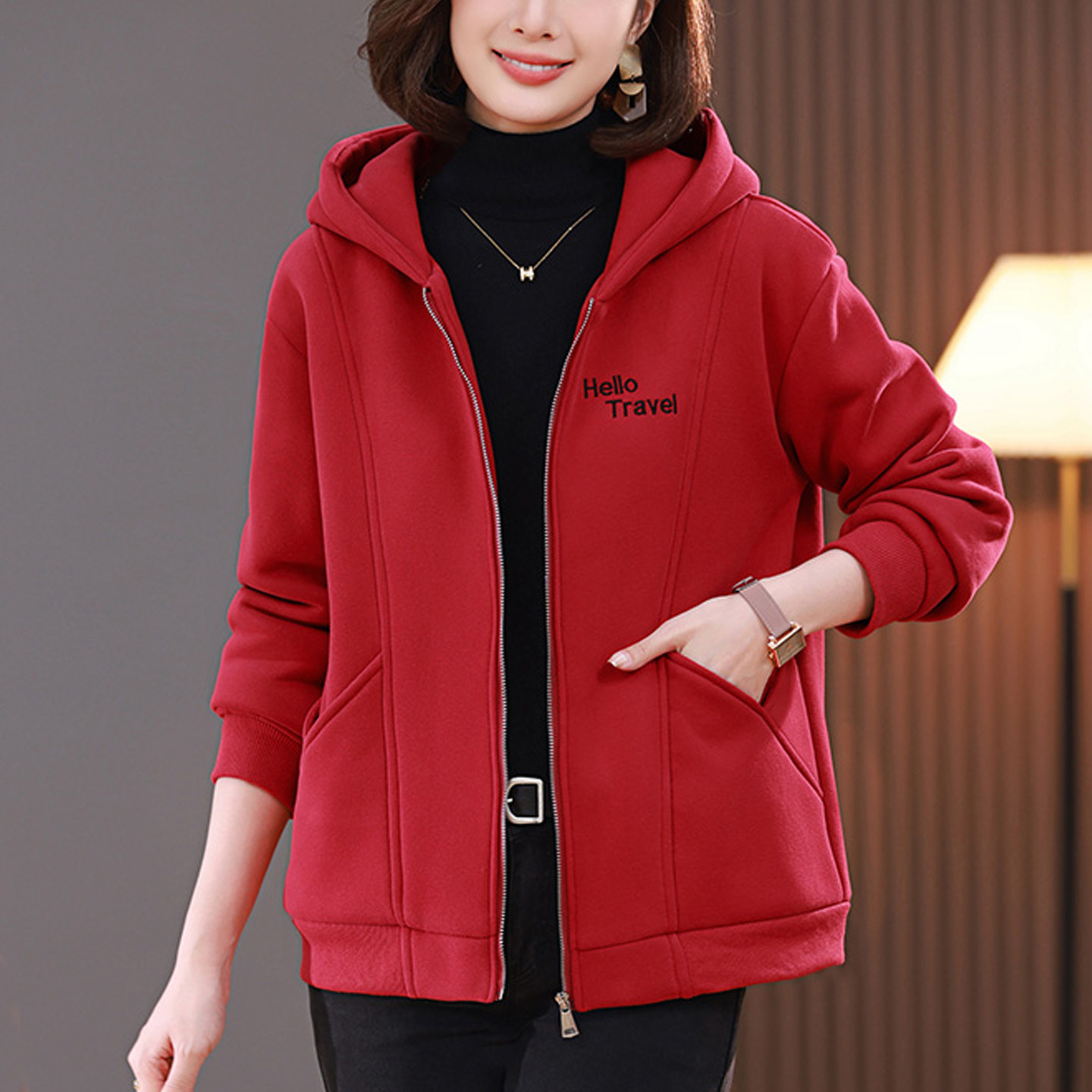 时尚妈妈春秋卫衣女2026新款中长款连帽外套宽松大码百搭显瘦风衣