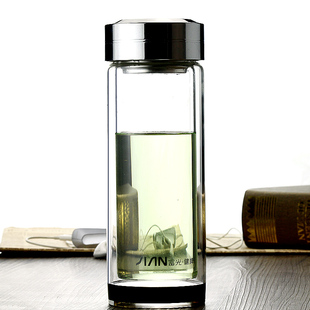 正品富光健牌双层加厚水晶玻璃茶杯直身商务车载办公杯指南针盖