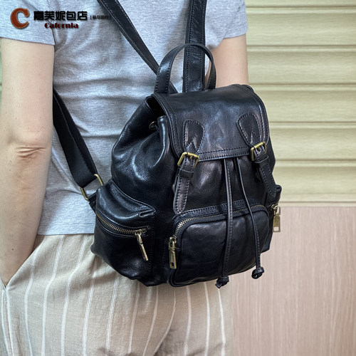 头层植鞣牛皮皱纹复古真皮休闲背包多层双肩包女大容量电脑包旅行