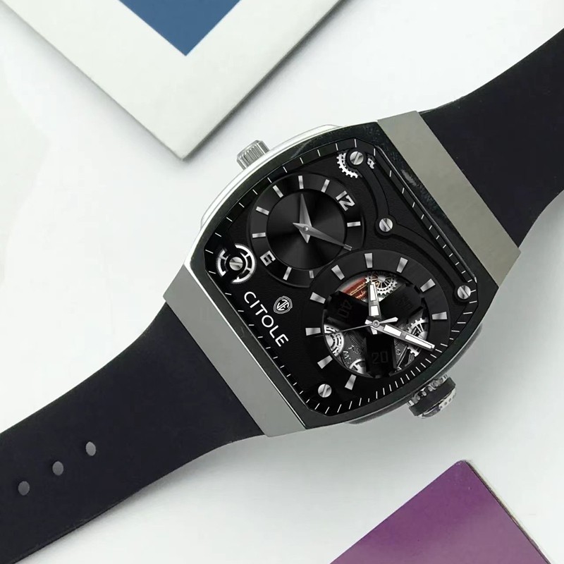 西腾表7008双时区计时独特设计石英表个性大表盘硅胶表带男表方形