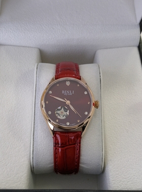 binli宾利6112红色手表大表盘女士时尚机械表半镂空带钻女表防水
