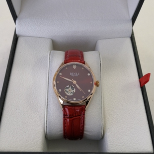 binli宾利6112红色手表大表盘女士时尚机械表半镂空带钻女表防水