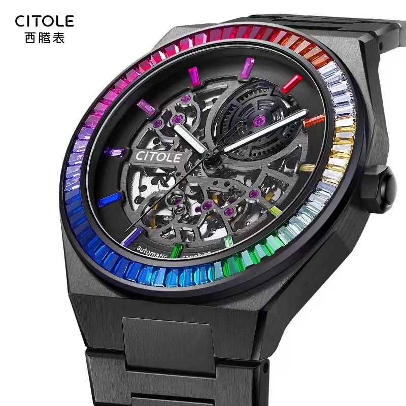 西腾大表盘时尚男满钻彩虹圈全黑