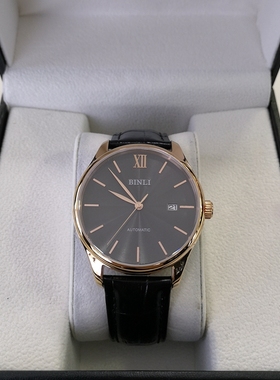 BY6075宾利全自动机械表男士真皮黑色表太阳纹日历休闲防水个性男