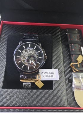 名梭9079全黑色男款机械表镂空透底钢带防水表蓝宝石镜面真皮表带