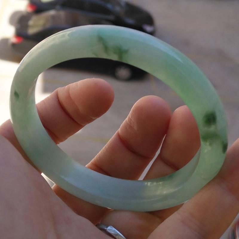 正品缅甸翡翠手镯玉镯子冰糯种飘蓝花翡翠手镯天然玉石 66 59