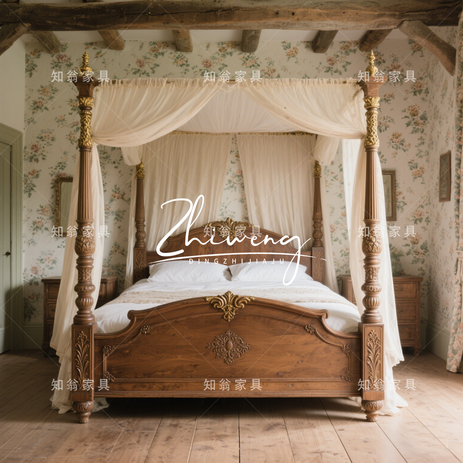 美式复古雕花实木床罗马柱双人床