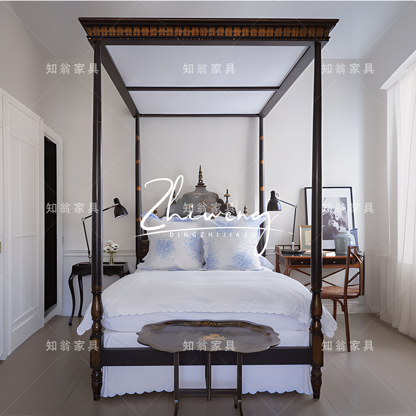 法式复古实木床1.8米双人床床幔架彩绘床主卧婚床中古风别墅家具