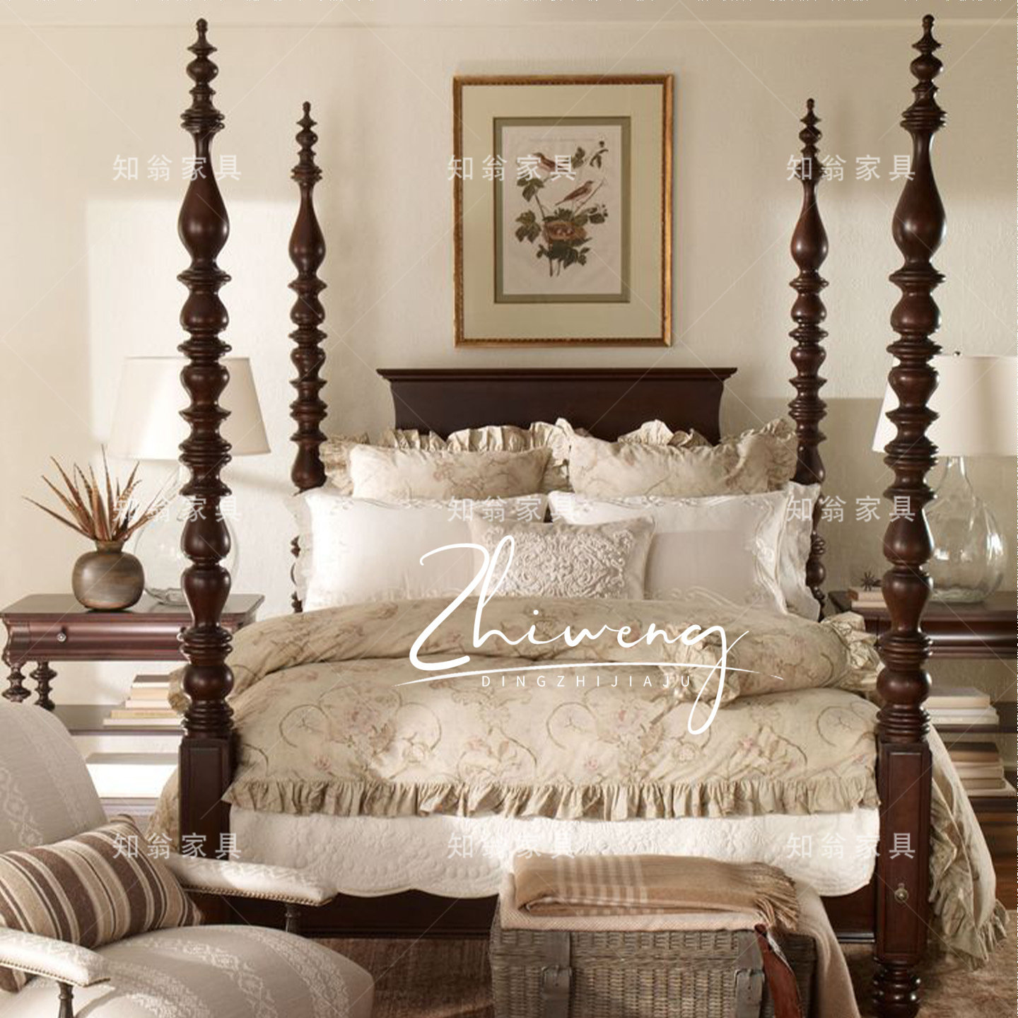 知翁 美式复古四柱实木床 双人床 主卧1.8米雕花床 卧室罗马柱床,住宅家具,实木床,淘宝优惠券,粉丝福利购,淘宝优惠卷