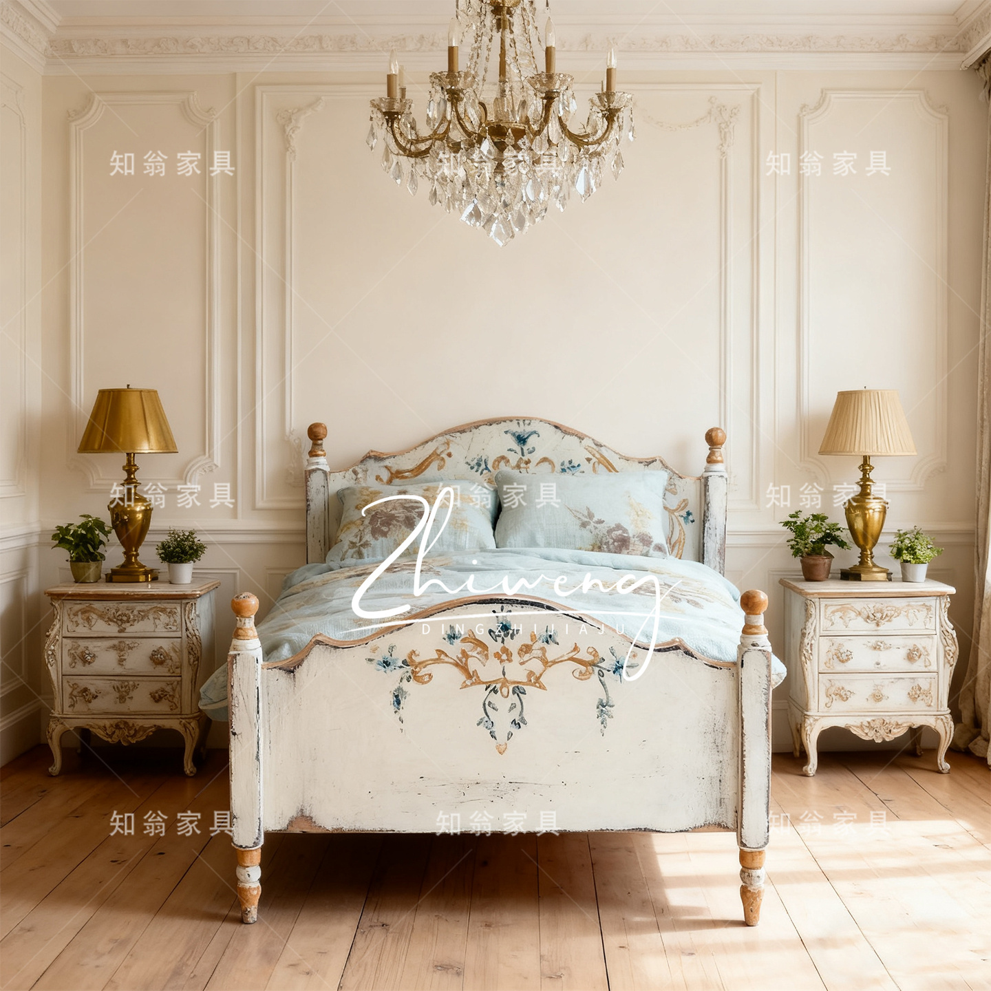 法式复古实木彩绘床白色做旧床