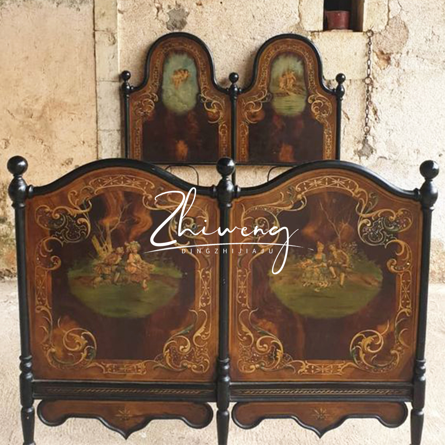 知翁法式复古实木床美式复古彩绘床高端别墅公主床主卧双人床大床