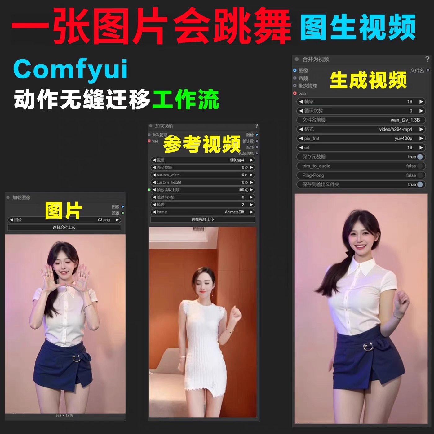 comfyui工作流照片跳舞模型AI美女舞蹈视频制作（提示词/工作流）