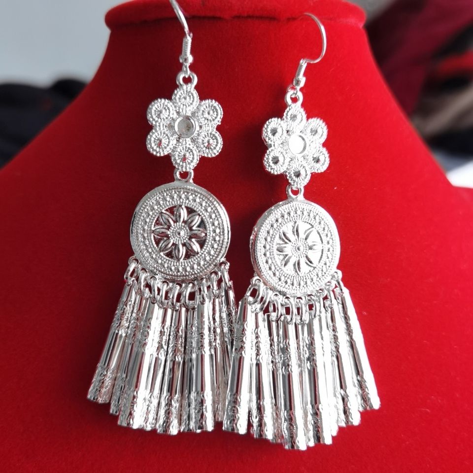 民族风耳环长款大号耳环9厘耳环耳饰少数民族银饰演出耳环