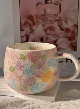 景德镇手绘陶瓷杯万花大肚杯高颜值马克杯女生家用办公咖啡杯水杯
