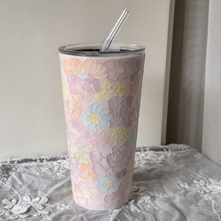 手绘万花可乐杯大容量吸管杯高颜值釉下彩陶瓷景德镇杯子生日礼物