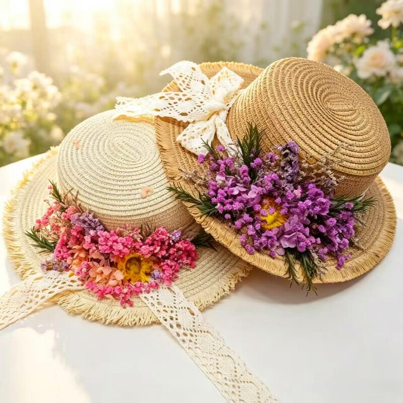 母亲节手工草帽 diy 材料包成人花朵帽子干花制作DIY暖场活动礼品