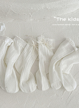 3双女儿童中筒袜 甜美风白色蝴蝶结蕾丝堆堆袜女春夏薄款洛丽塔袜