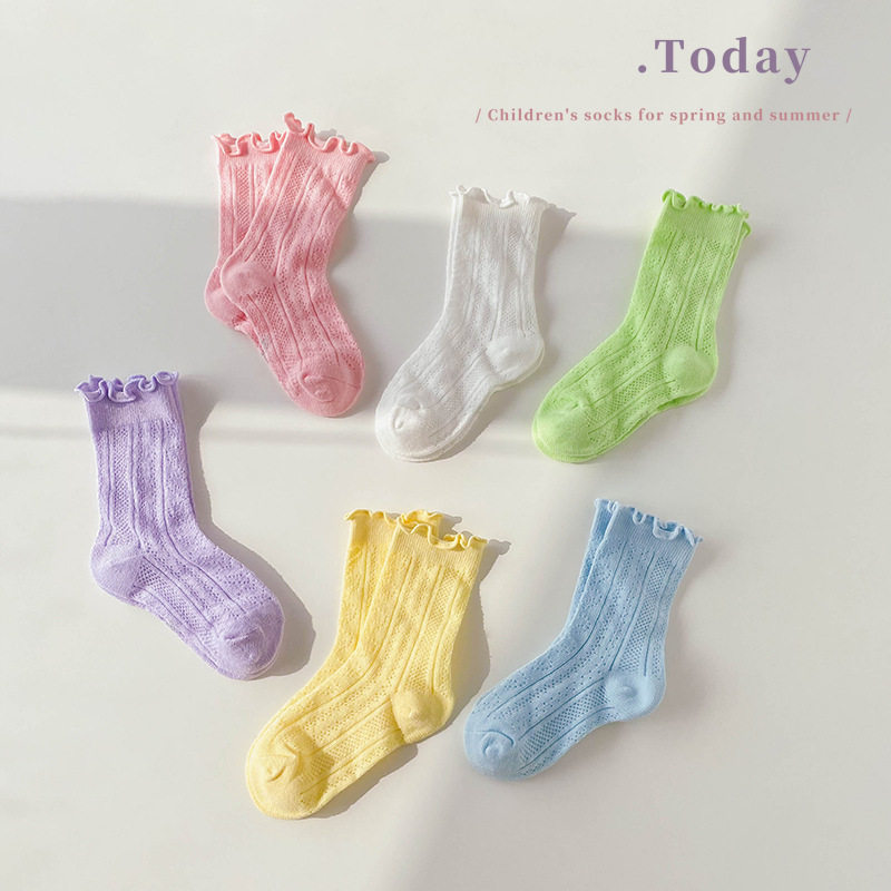 3双女儿童袜子 2025春夏季木耳边纯色公主袜薄网眼糖果色中筒袜