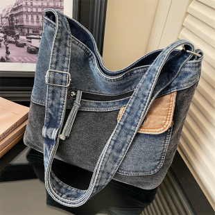 时尚 拼接撞色包包日系牛仔布包女大容量单肩斜挎包百搭休闲托特包