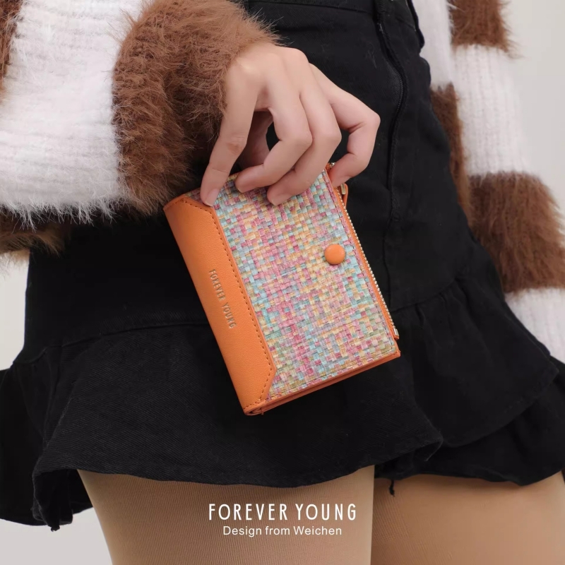 ForeverYoung女士时尚短款卡包两折零钱包个性轻薄拉链编织纹韩版