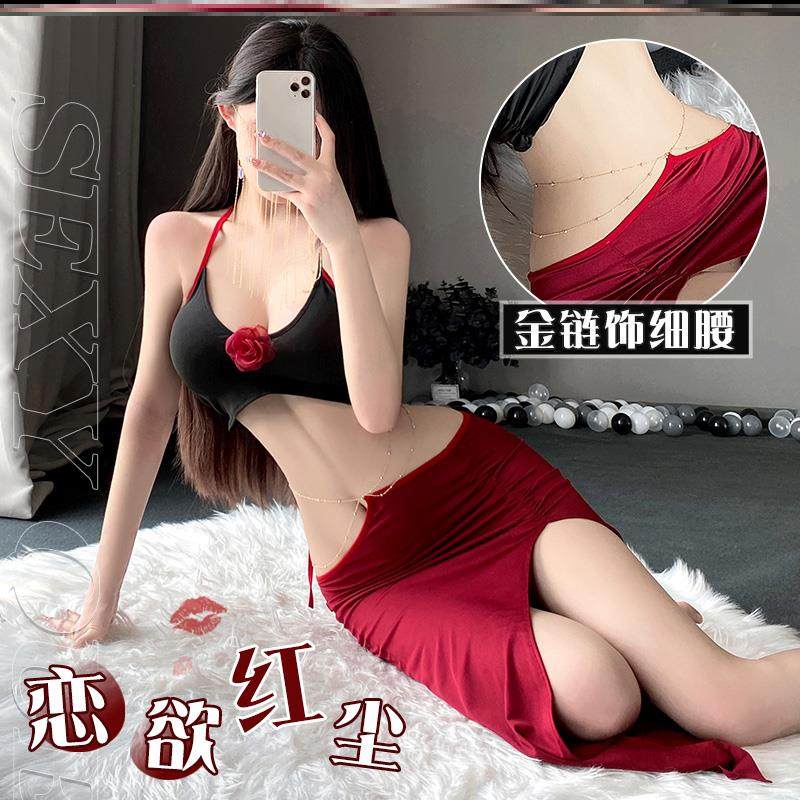 新款性感内衣女小胸显大金链腰饰套装修身迷人挂脖高叉夜店连衣裙