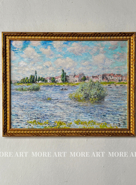 多点艺术印象派莫奈河畔风景古典复古客餐厅背景墙蓝色中古装饰画