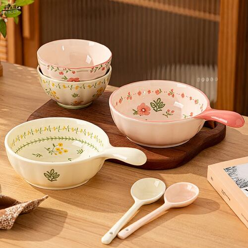 餐具米饭碗吃饭碗 新款碗家用陶瓷手把烤箱碗釉下彩燕麦碗汤碗