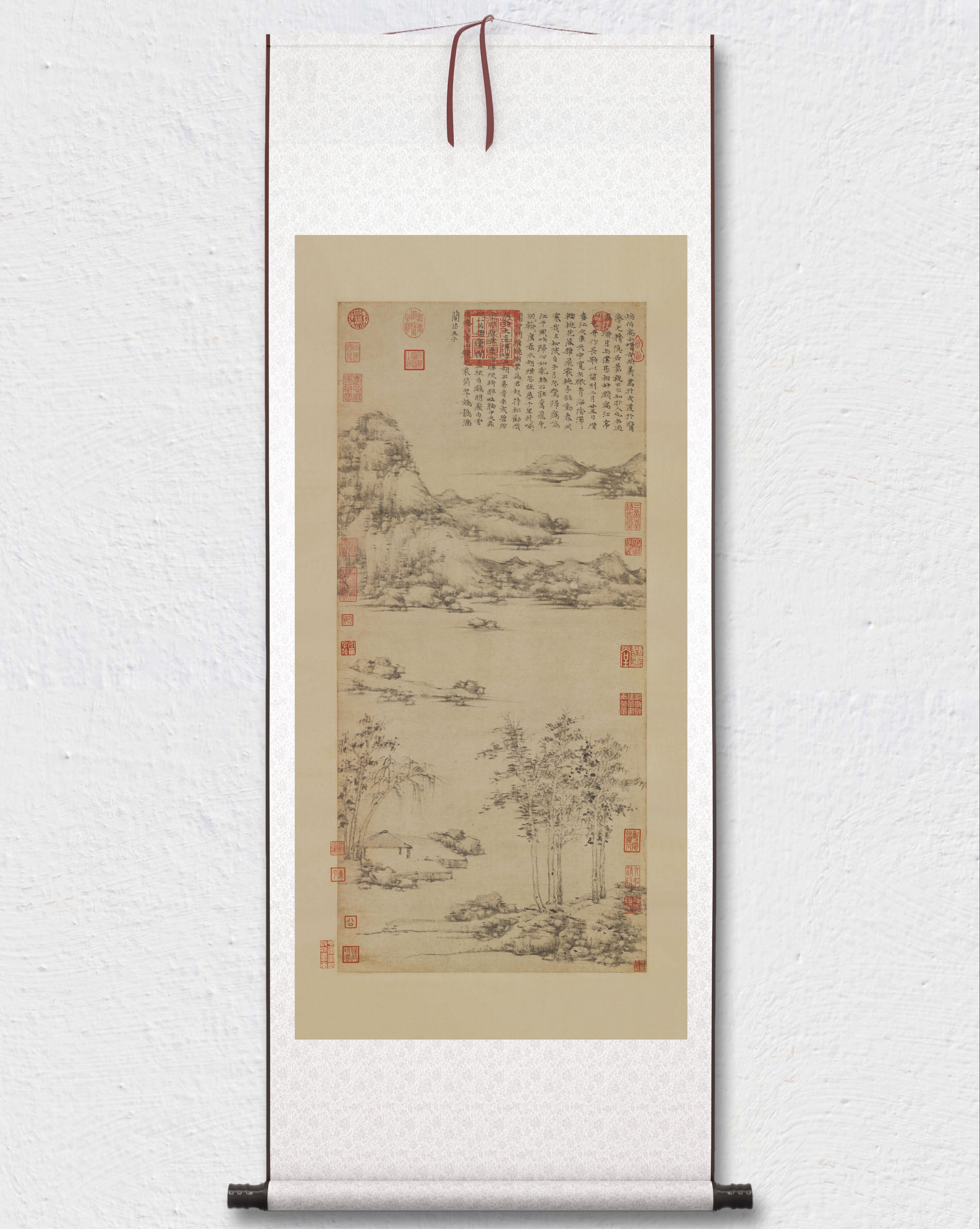 倪瓒 江亭山色图 山水国画 挂轴装裱 墙面装饰 纸本绢布 微喷复制