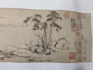 元代 赵孟頫 双松平远图 水墨写意 山水国画 纸本绢布 微喷复制