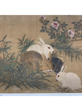 钱选 玉兔小鸟图 花鸟国画 临摹学习 纸本绢布 微喷复制 锦盒包装