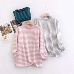 薄绒宽松大码 打底衫 240斤可穿 条纹中长款 出口日本外贸女装