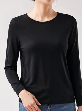 黑色打底衣外贸日本单女士薄绒长袖自发热秋衣单件保暖上装F70