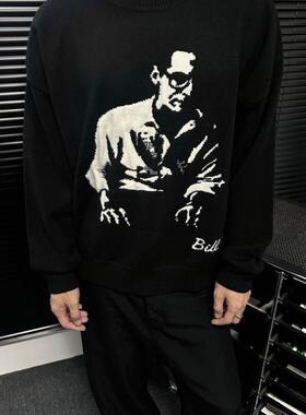 SUNINWAVE AW软糯亲肤Bill美式人像提花短宽boxy羊毛混纺圆领毛衣