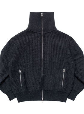 SUNINWAVE 25AW立领莫代尔抗起球粗针开衫毛衣重磅炭灰色短宽外套