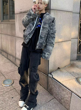 SUNINWAVE 神裤重工松紧多口袋卫裤水洗炒砂做旧微喇cortis工装裤