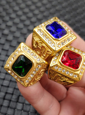 玉石戒指冰种宝蓝色锆石戒指鸡血红锆石方形戒指饰品戒指大号戒指
