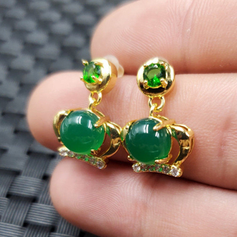 玉石耳钉冰种绿玉髓皇冠耳环玉髓玛瑙镶嵚耳钉女款耳钉玉耳饰耳坠,珠宝/钻石/翡翠,耳饰,淘宝优惠券,粉丝福利购,淘宝优惠卷