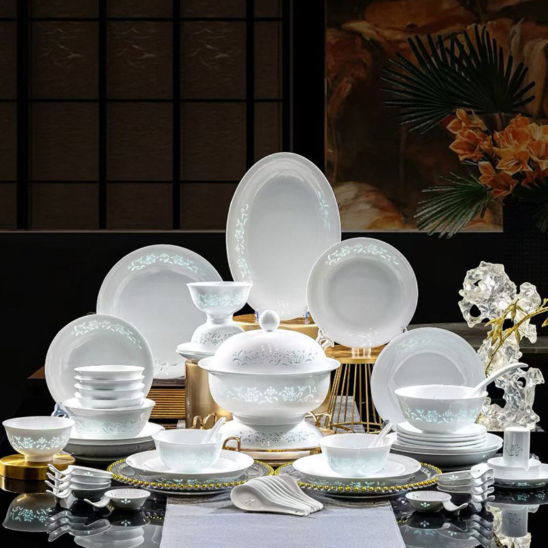 景德镇陶瓷器餐具套装碗碟盘子家用 釉下彩玲珑年年有余 乔迁礼品,餐饮具,餐具瓷器套装,淘宝优惠券,粉丝福利购,淘宝优惠卷