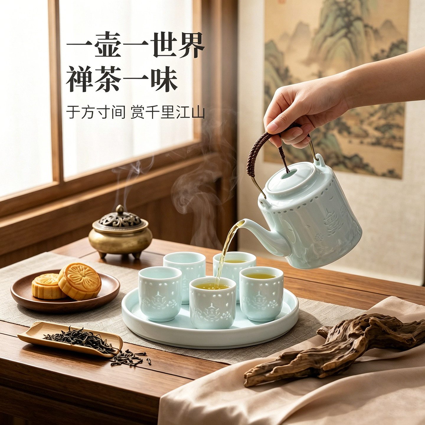 玲珑陶瓷提梁壶茶具套装配茶盘
