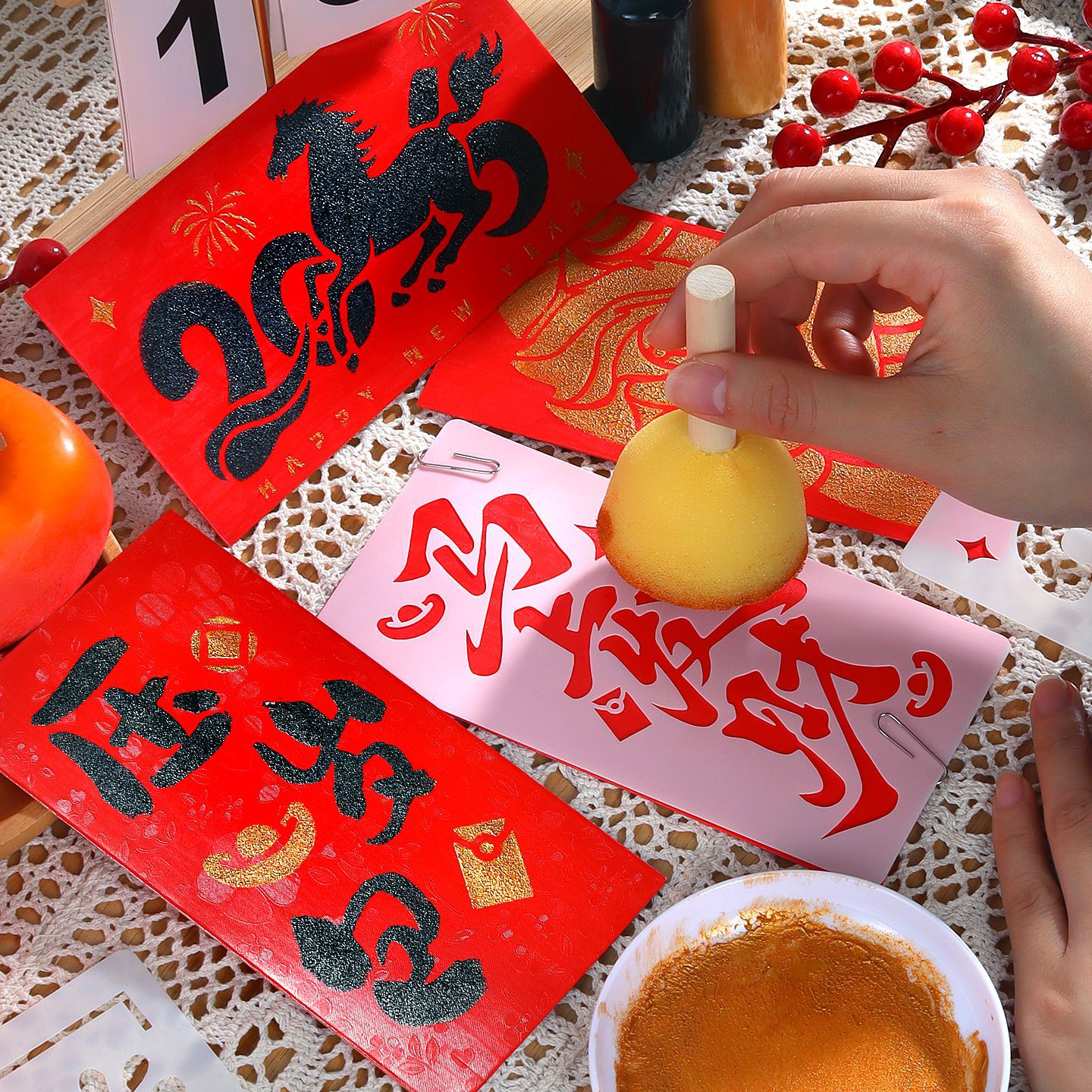 元旦节非遗手工diy马年红包拓印工具套餐年画模板新年福字幼儿园