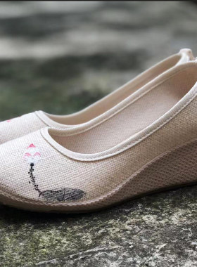 佛系女鞋配茶服的鞋坡跟茶艺茶人古风手绘手绘国风文艺复古禅意夏