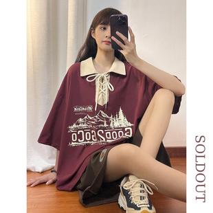 SOLDOUT原创美式 T恤女夏宽松设计感上衣 复古酒红色翻领POLO衫 短袖