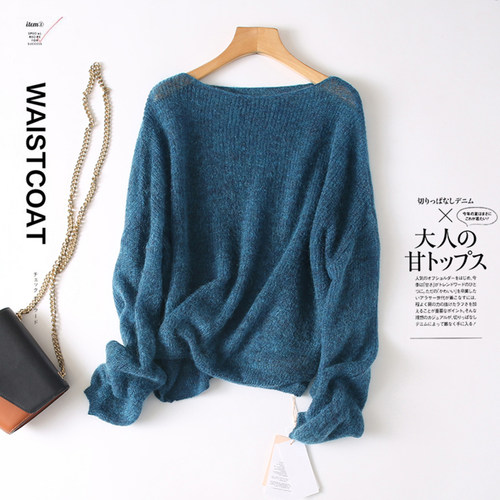 马海毛慵懒风一字领松石蓝针织衫