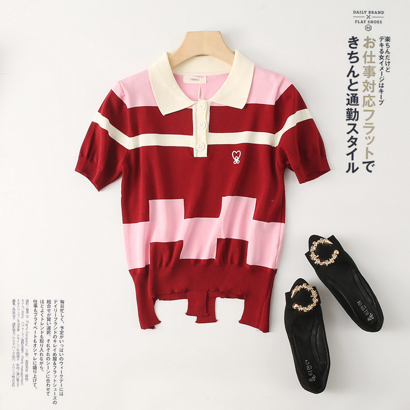 条纹短袖套头POLO衫2022夏款刺绣冰丝针织不规则下摆翻领拼色上衣