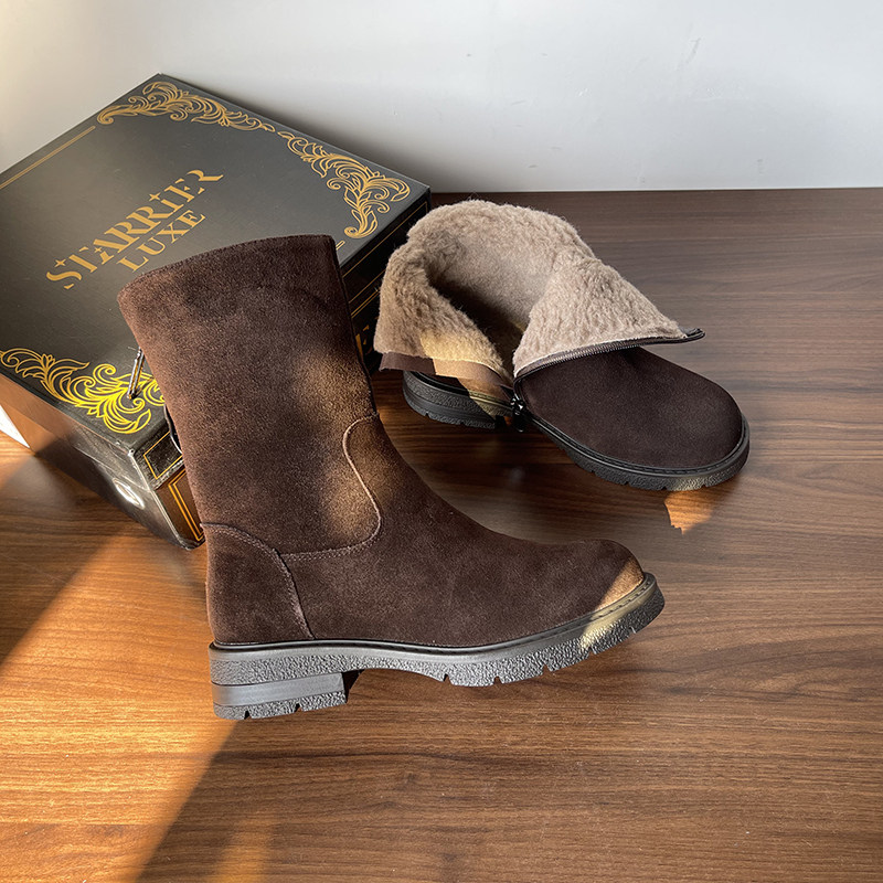 美拉德大码真皮羊毛中筒靴2025俄罗斯冬季加厚东北大棉靴马丁短靴,女鞋,马丁靴,淘宝优惠券,粉丝福利购,淘宝优惠卷