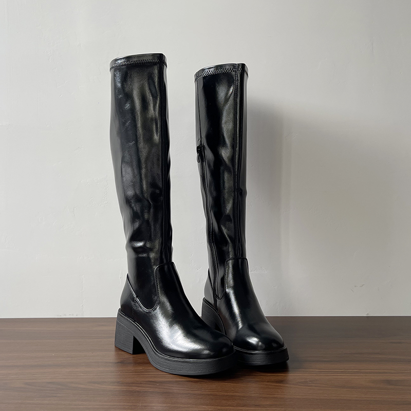 外贸大码漆皮高筒靴女2025秋冬
