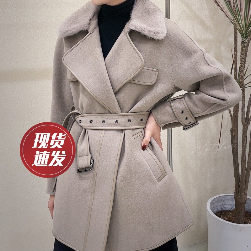 特价捡漏-秋冬新款高端轻奢10%羊绒大衣女系带加厚水貂毛领短外套