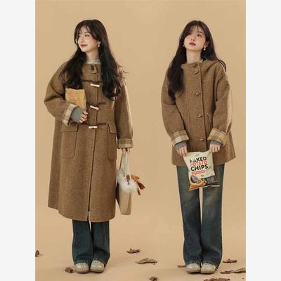 韩系卡其色复古牛角扣连